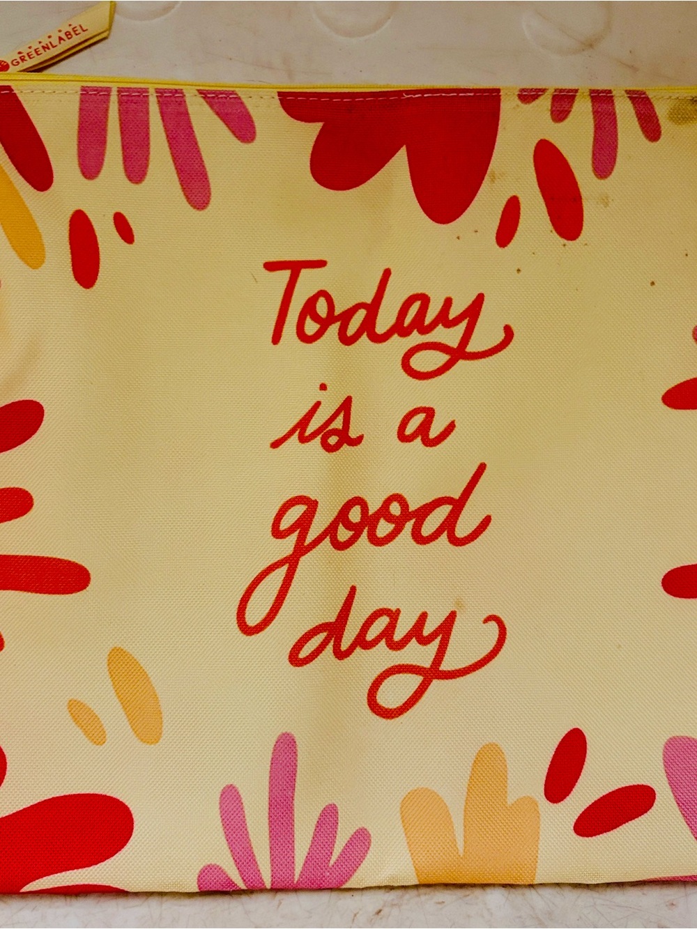 Canvas Cosmetic Pouch - 'Today is a Good Day' in Cream with Pink & Red Accents